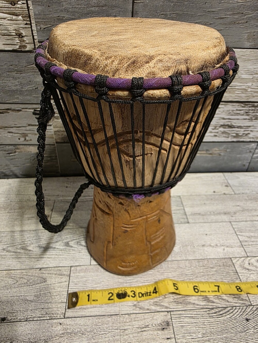 Hand-Carved African Djembe Drum with Natural and Purple Accents
